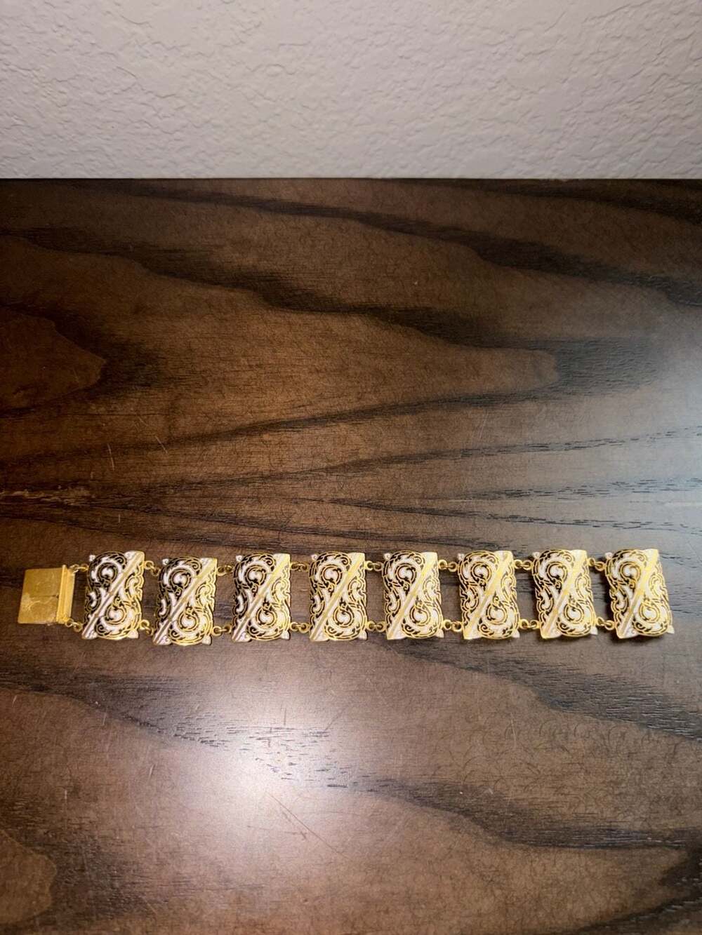 Vintage 1950s Gold-Tone White and Black Enamel Filigree Panel Bracelet